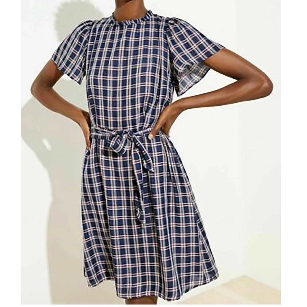 NWOT LOFT Navy Blue Red White Plaid Ruffle Neck Tie Waist Flutter Sleeve…